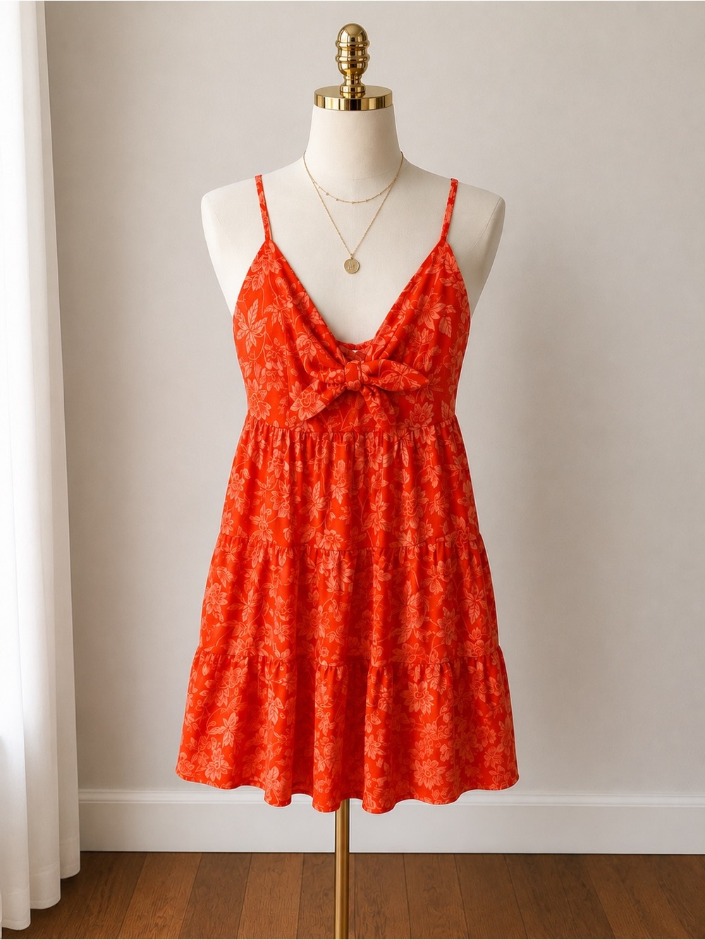 Altar'd State Red-Orange Floral Tie-Front Mini Dress